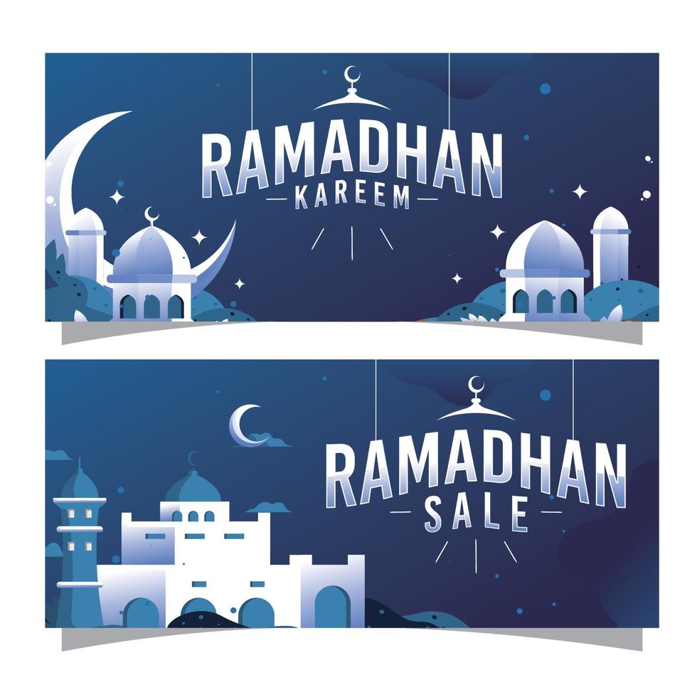 ilustración gráfica vectorial de la mezquita nocturna con fondo de cielo azul para el banner ramadhan kareem que se puede utilizar para contenido digital, banner impreso, banner web, etc. vector