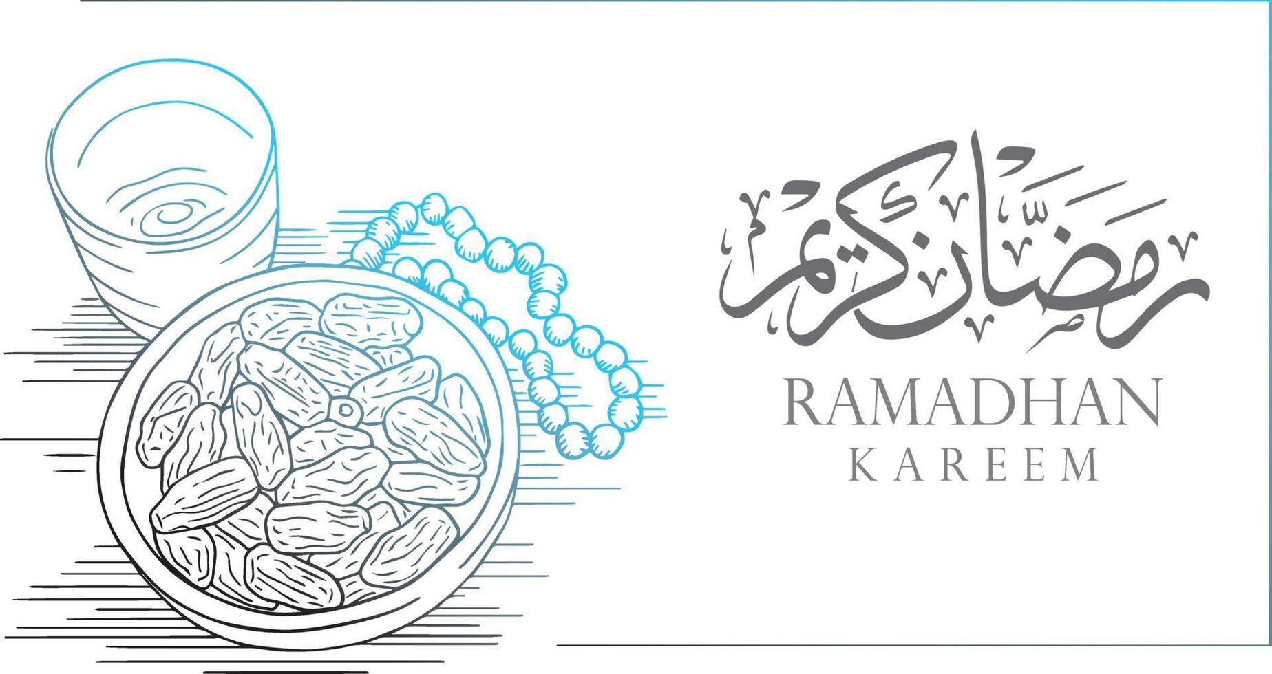 palmeras datileras vectoriales ilustración dibujada a mano con texto de caligrafía ramadhan kareem plantilla para banner vector