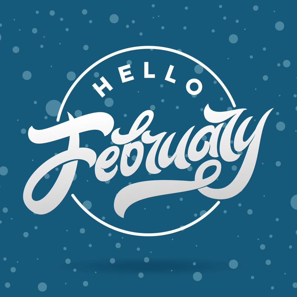 letras blancas hola febrero sobre fondo azul con nieve que cae. utilizado para pancartas, calendarios, carteles, iconos, etiquetas. caligrafía de pincel moderno. ilustración vectorial vector