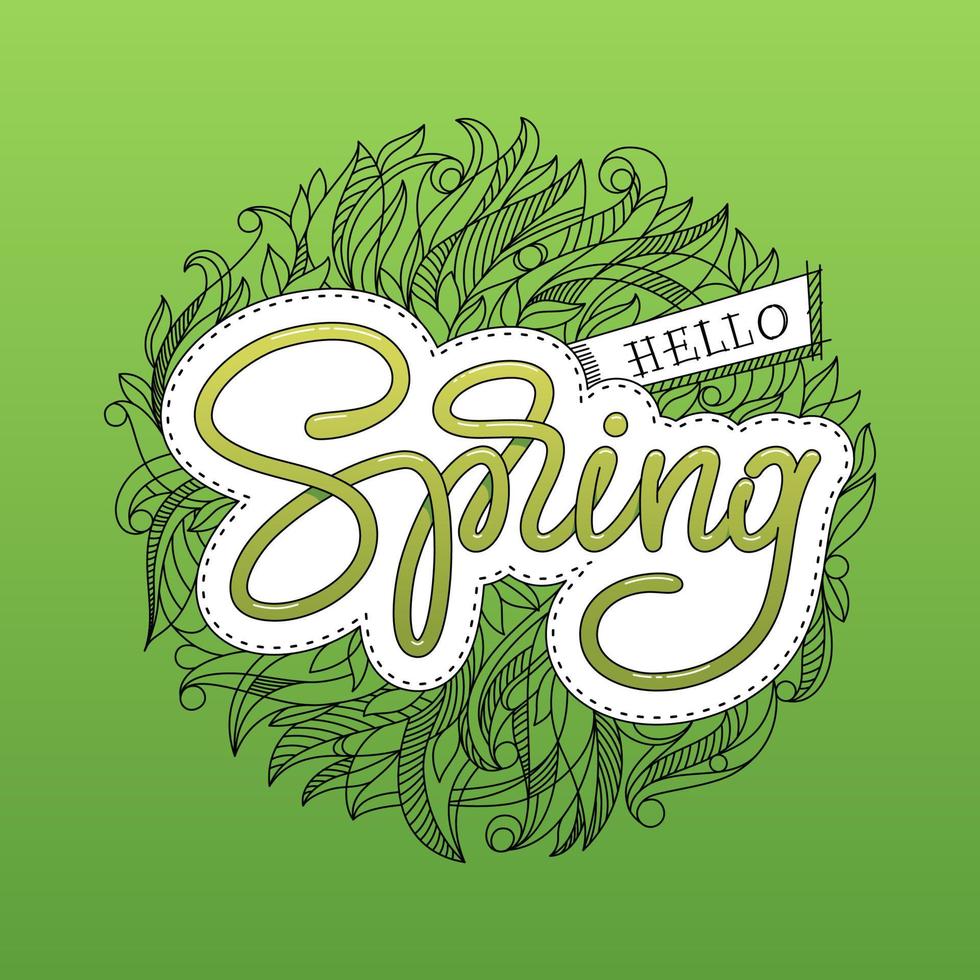 Hello Spring lettering with hand sketched floral pattern. Badge typography icon on green background. Spring season Lettering doodle style. Template for banners, stickers, card, invitations. vector