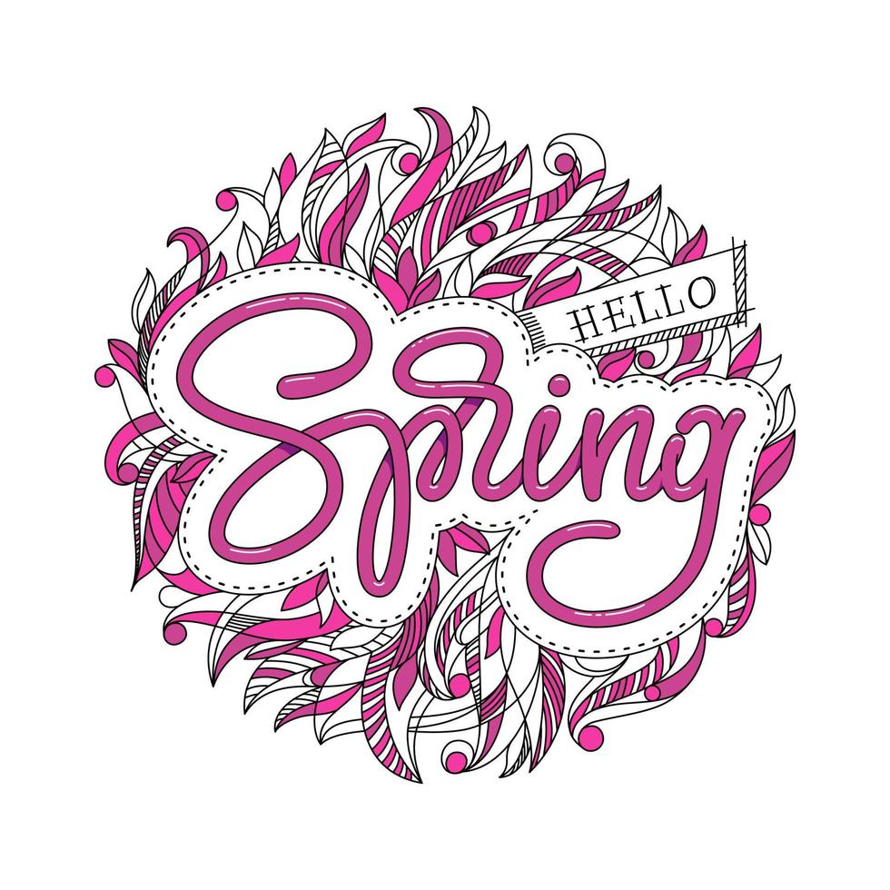 Hello Spring hand sketched logotype, badge typography icon. Lettering spring season with leaf for greeting card, invitation template. Retro, vintage lettering banner poster template background vector