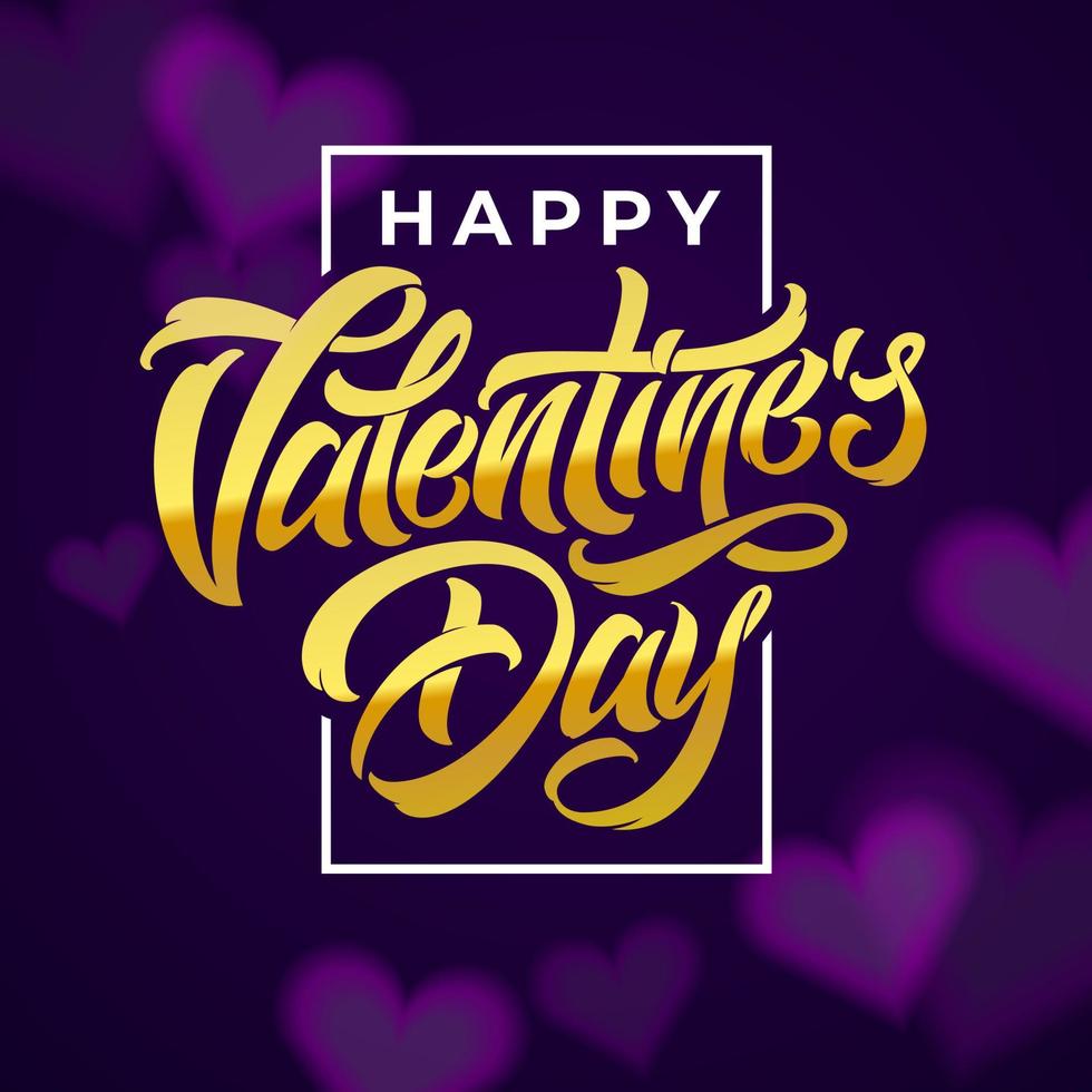Happy Valentine's Day brush calligraphy for greeting cards. Gold letters on dark purple background. Vector editable illustration. EPS10.