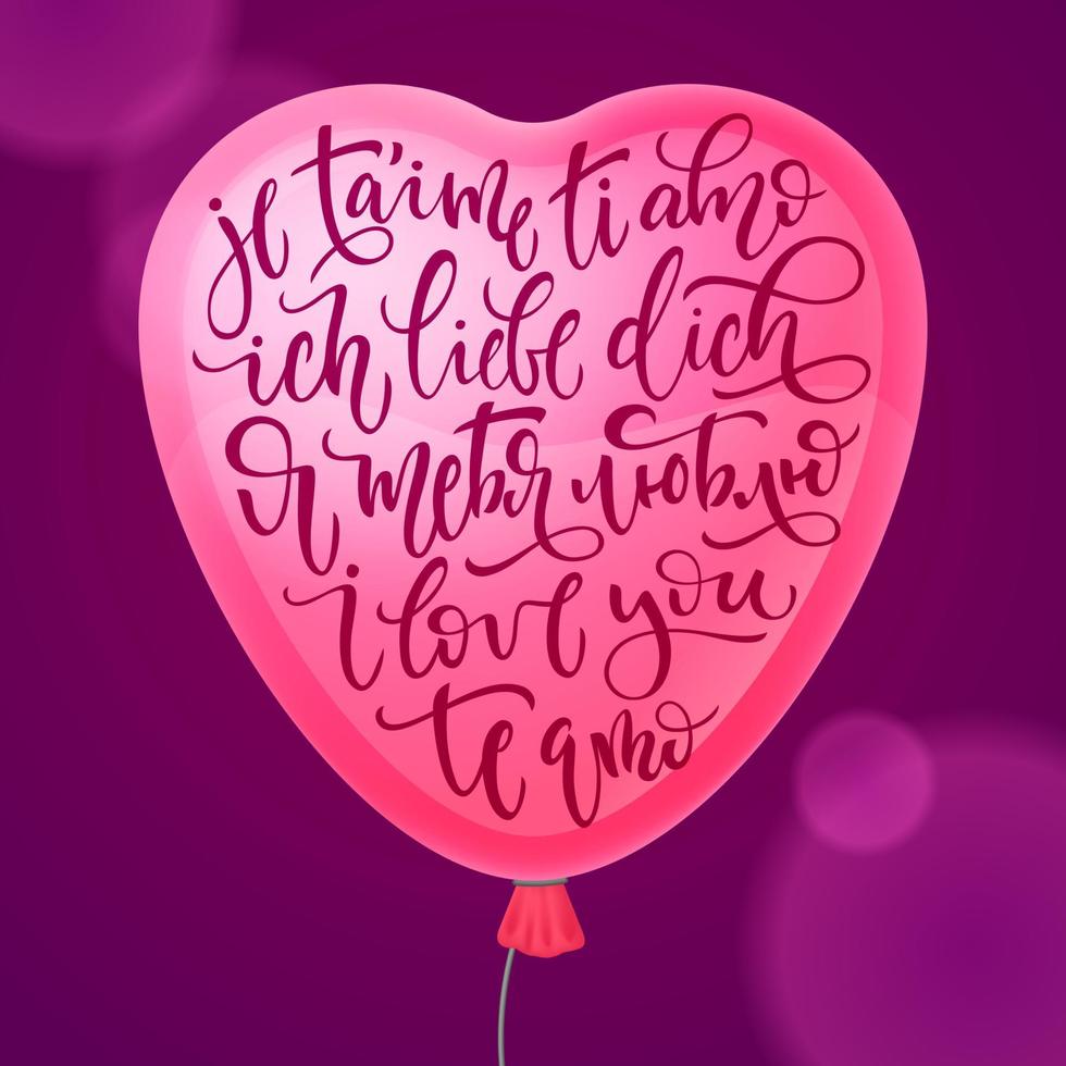 te amo en inglés, ruso, español, italiano, francés y alemán. ilustración vectorial de una forma de corazón. utilizado para tarjetas de felicitación, confesiones de amor, invitaciones a una boda. vector