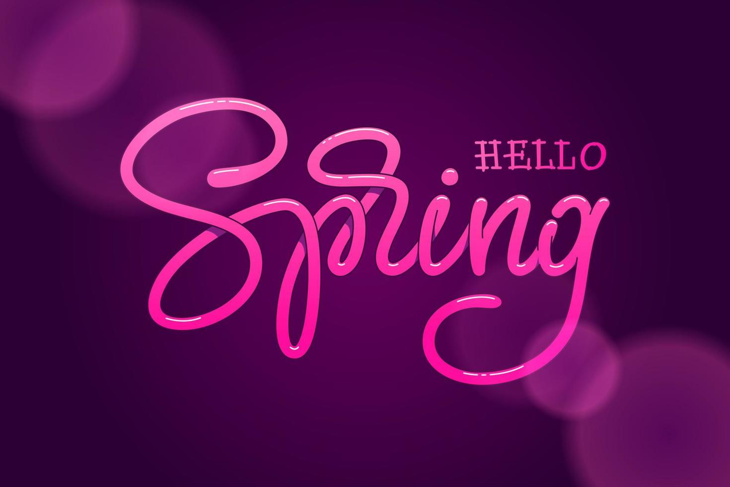 Hello Spring hand sketched logotype on dark violet background. Handmade Lettering for greeting card, invitation template, banners. Vector illustration.