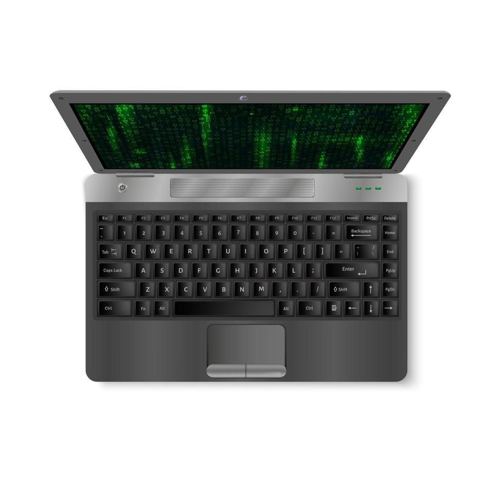 realistik laptop with green matrix background on screen.  Isolated on white background. Perspective view. Web Developer Coding vector Concept