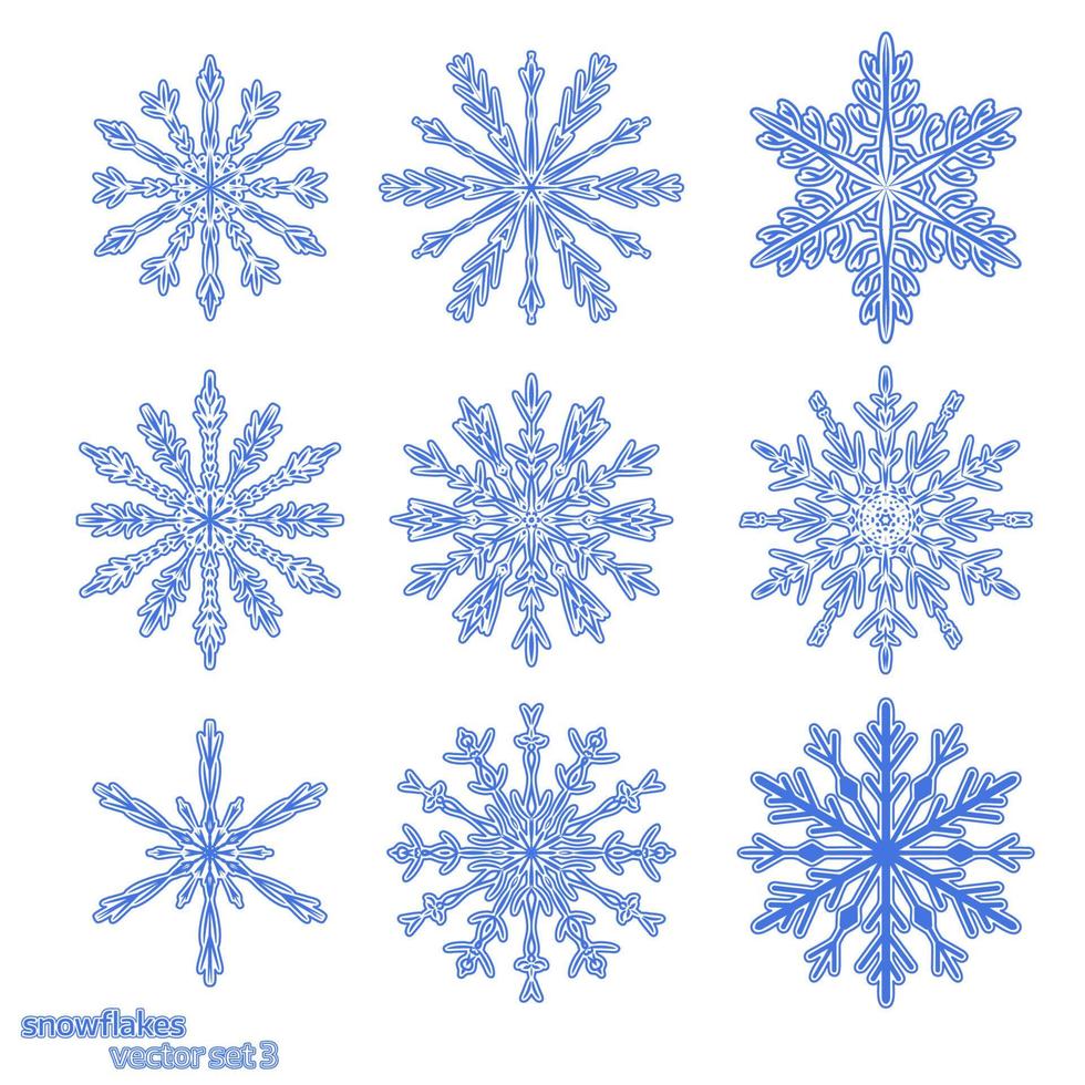 set 9 copos de nieve azules diferentes vector