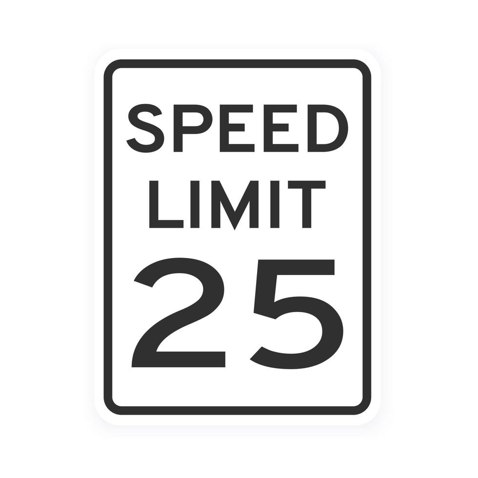 límite de velocidad 25 tráfico por carretera icono signo estilo plano diseño vector ilustración aislado sobre fondo blanco.