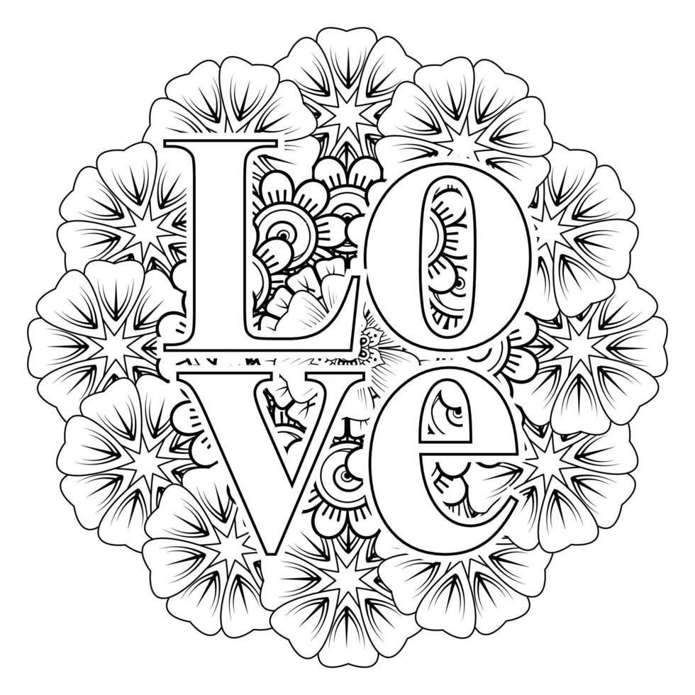 palabras de amor con flores mehndi para colorear página de libro doodle adorno vector