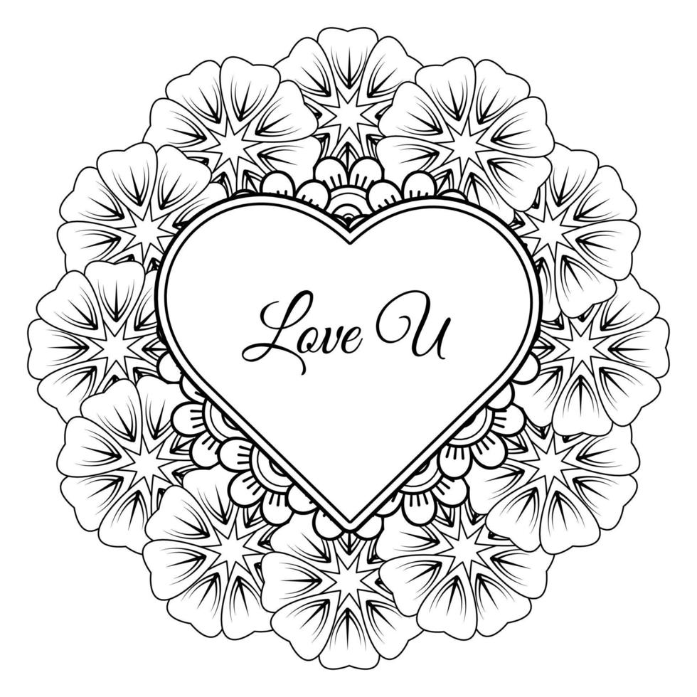 Mehndi flower with frame in shape of heart. decoration in ethnic oriental, doodle ornament. vector