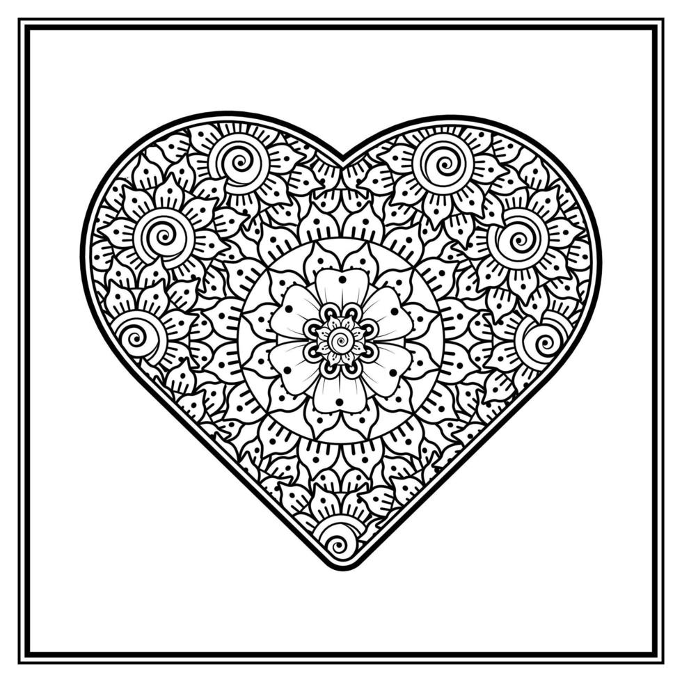 Mehndi flower with frame in shape of heart. decoration in ethnic oriental, doodle ornament. vector