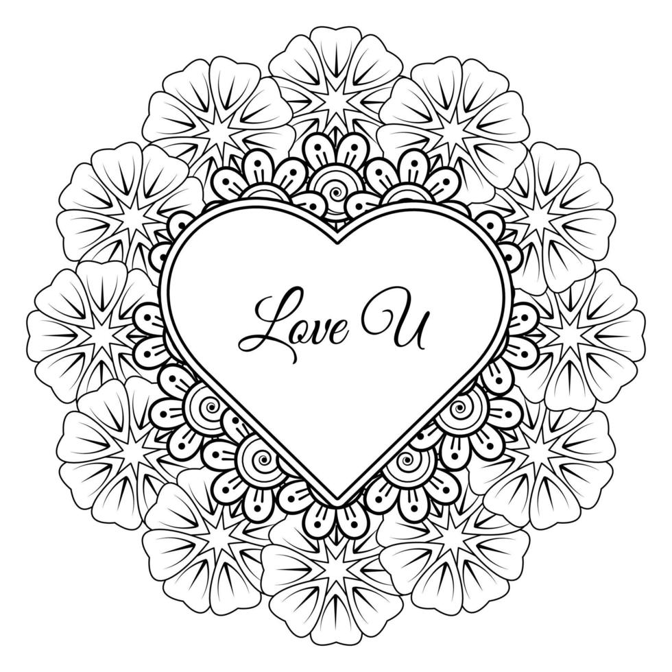 Mehndi flower with frame in shape of heart. decoration in ethnic oriental, doodle ornament. vector