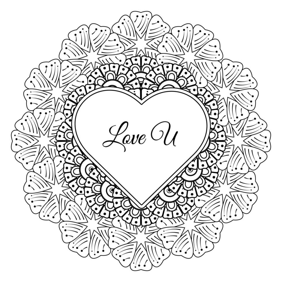 Mehndi flower with frame in shape of heart. decoration in ethnic oriental, doodle ornament. vector