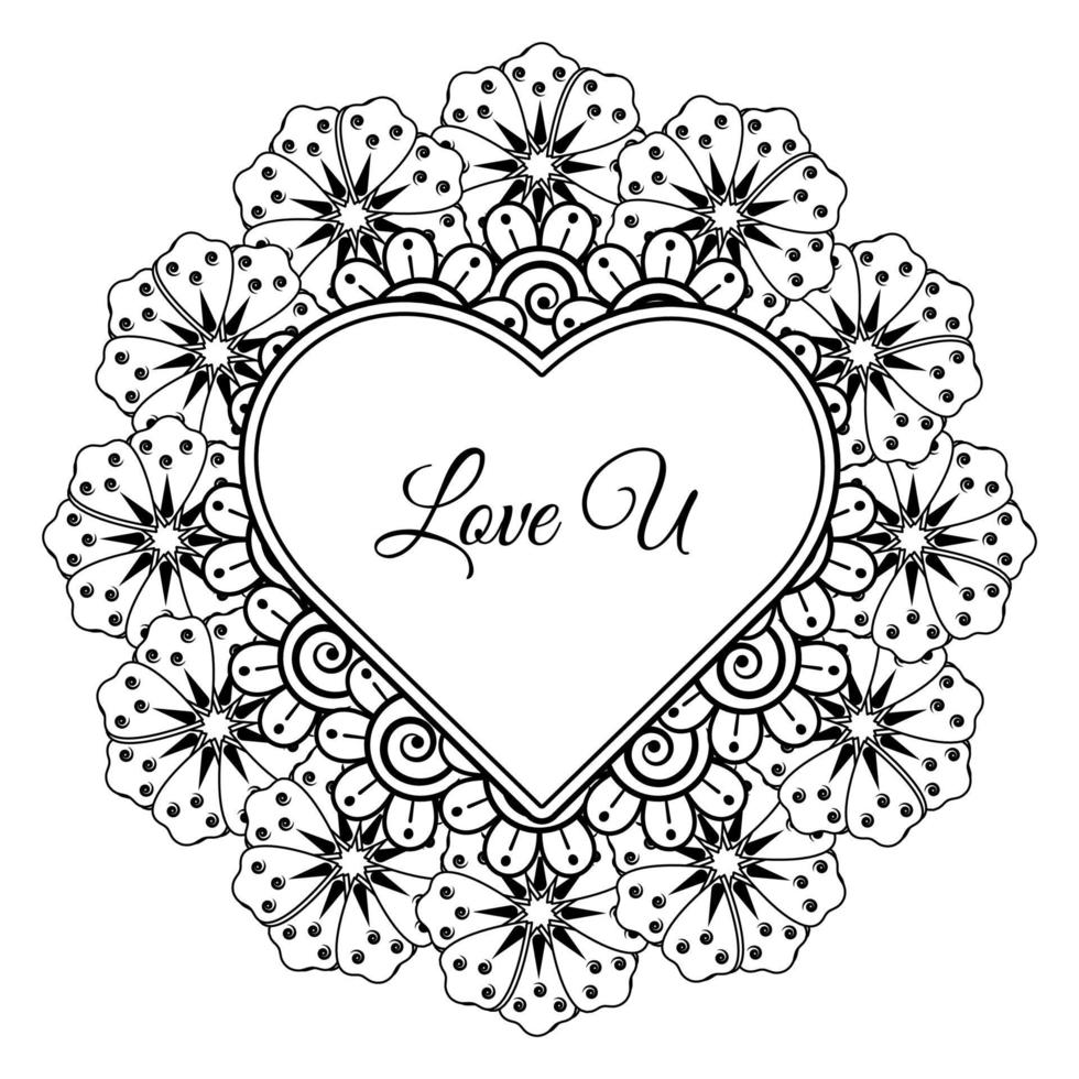 Mehndi flower with frame in shape of heart. decoration in ethnic oriental, doodle ornament. vector