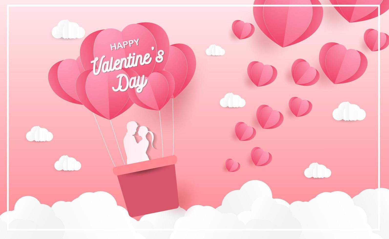 Love and Valentine day, Lovers stand and a paper art heart shape balloon floating in the sky. craft style. vector