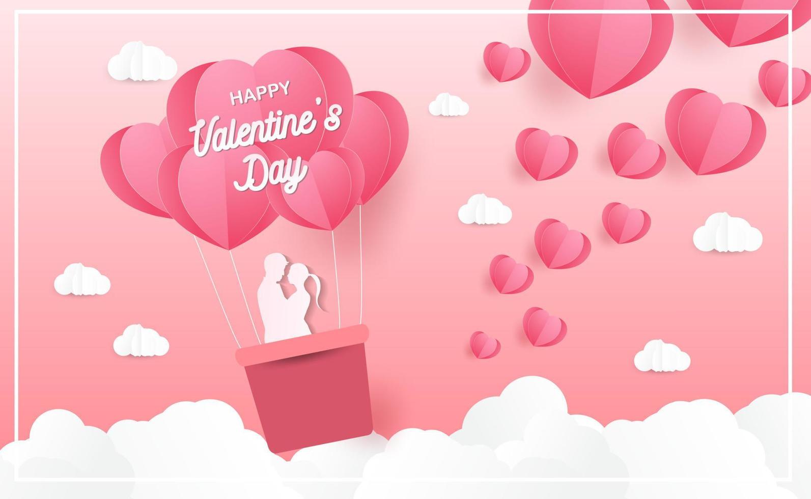 amor y día de san valentín, los amantes se paran y un globo con forma de corazón de arte de papel flotando en el cielo. estilo artesanal. vector