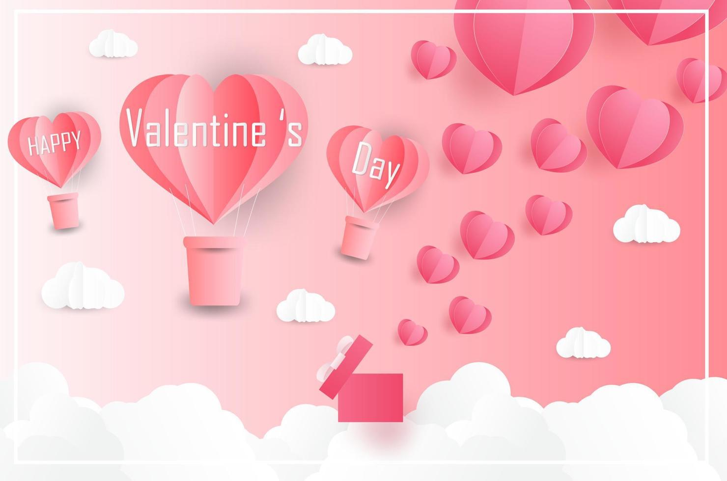 Love and Valentine day, Lovers stand and a paper art heart shape balloon floating in the sky. craft style. vector