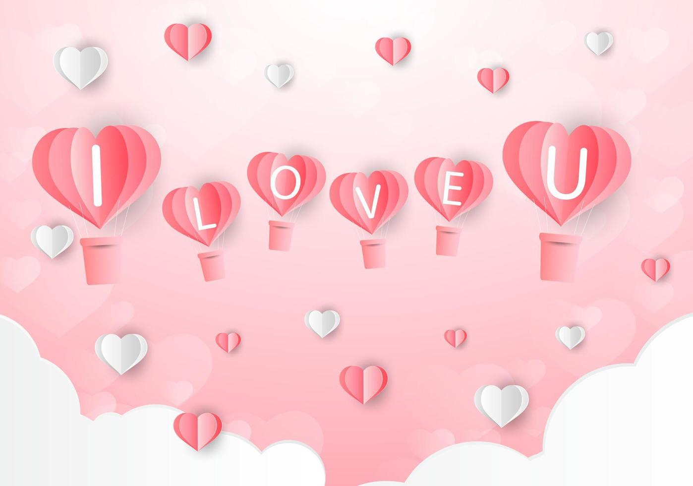 Love and Valentine day, Lovers stand and a paper art heart shape balloon floating in the sky. craft style. vector