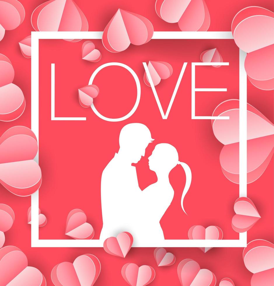 amor y día de san valentín, los amantes se paran y un globo con forma de corazón de arte de papel flotando en el cielo. estilo artesanal. vector