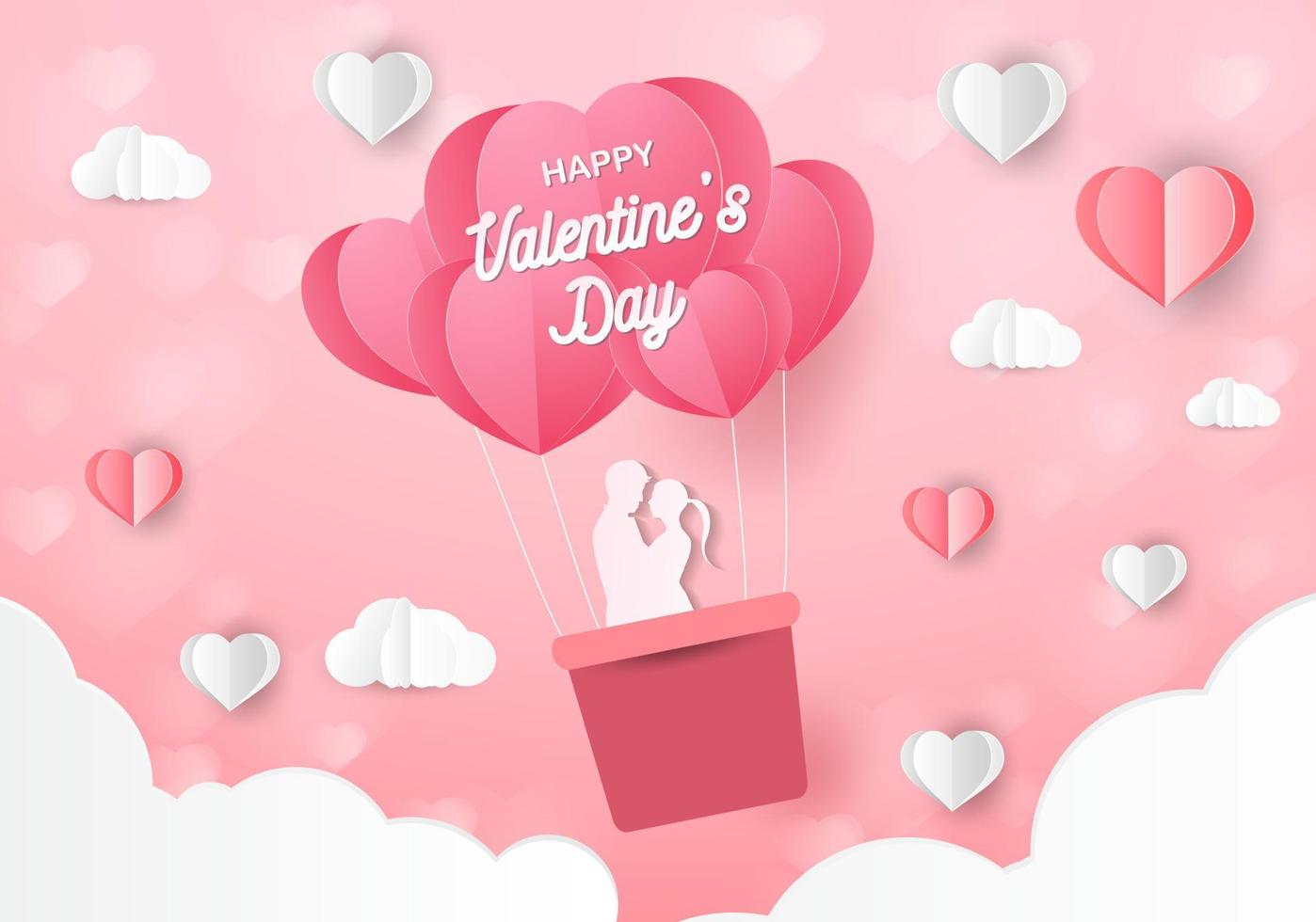 Love and Valentine day, Lovers stand and a paper art heart shape balloon floating in the sky. craft style. vector