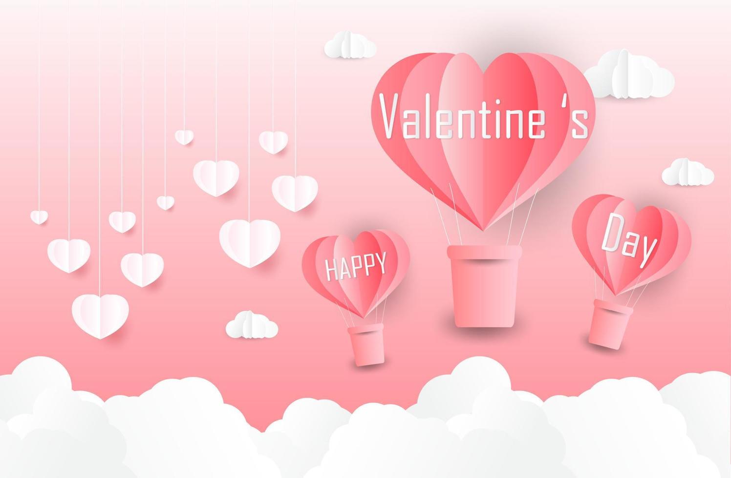 amor y día de san valentín, los amantes se paran y un globo con forma de corazón de arte de papel flotando en el cielo. estilo artesanal. vector