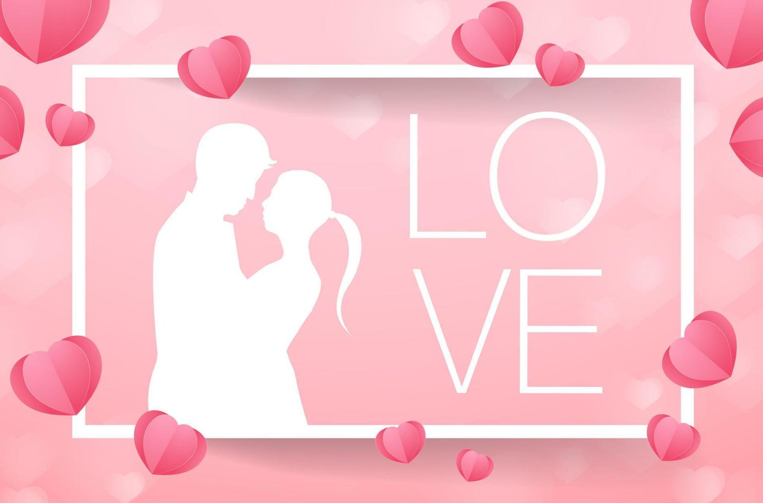 Love and Valentine day, Lovers stand and a paper art heart shape balloon floating in the sky. craft style. vector