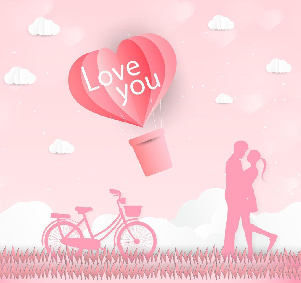 Love and Valentine day, Lovers stand in the meadows and a paper art heart shape balloon floating in the sky. craft style. vector