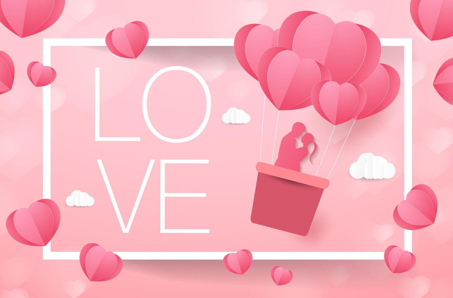 Love and Valentine day, Lovers stand and a paper art heart shape balloon floating in the sky. craft style. vector