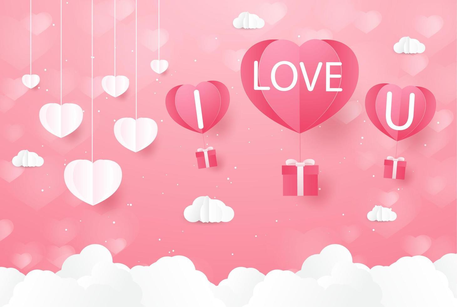 Love and Valentine day, Lovers stand and a paper art heart shape balloon floating in the sky. craft style. vector