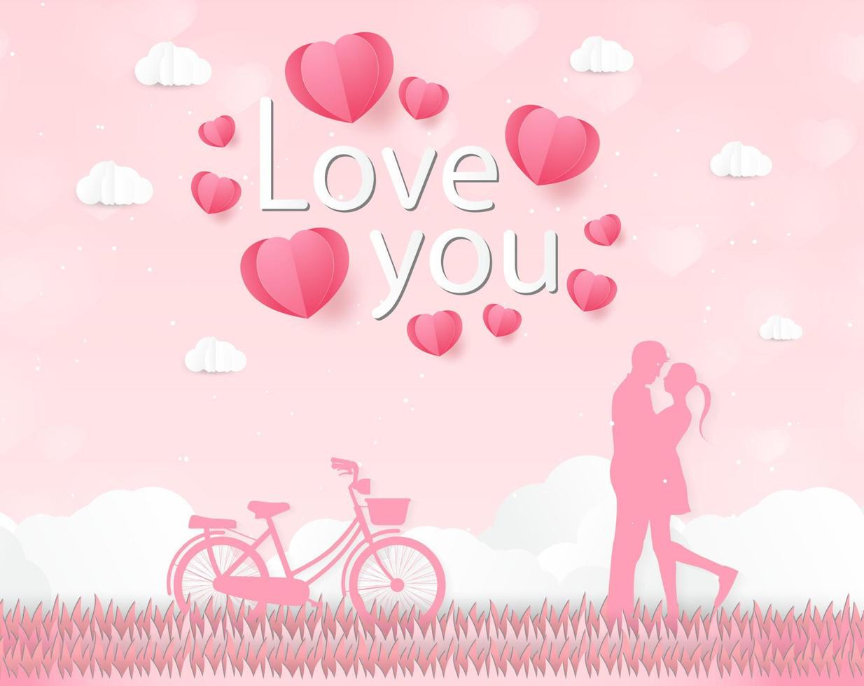 Love and Valentine day, Lovers stand in the meadows and a paper art heart shape balloon floating in the sky. craft style. vector