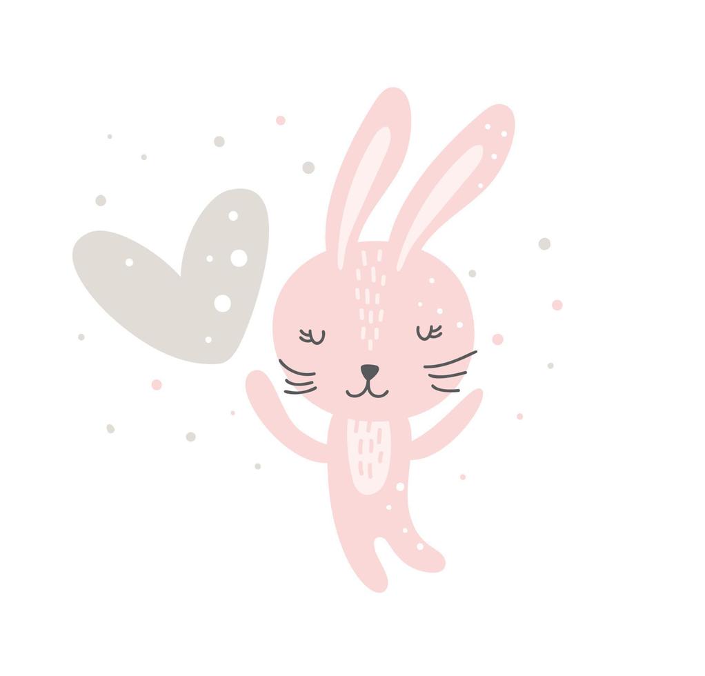 lindo garabato de san valentín dibujado a mano conejita rosa con ilustración de corazón. dulce personaje de conejo sosteniendo un corazón. personaje de dibujos animados bebé vector logo para diseño web aislado sobre fondo blanco
