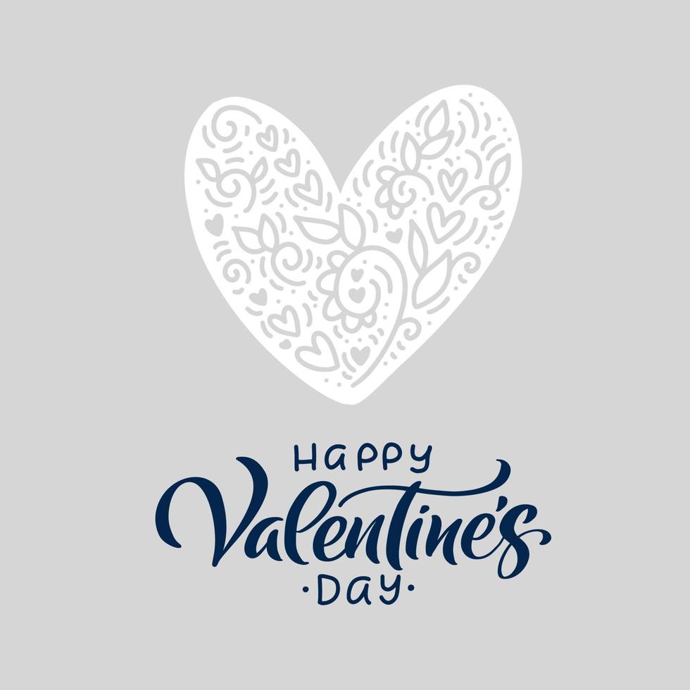 feliz día de san valentín texto con corazón de vector vintage. cartel de amor dibujado a mano sobre fondo gris. ilustración cita romántica invitación de tarjeta de felicitación, plantilla de banner