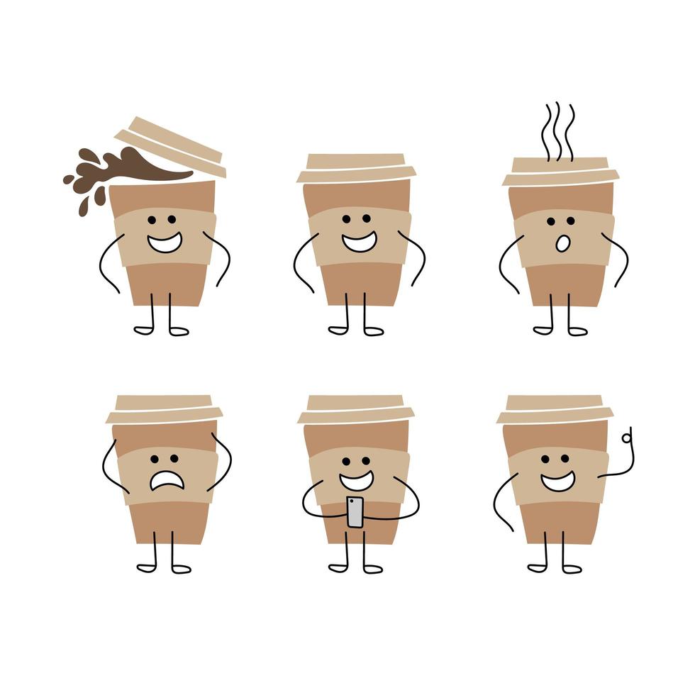 conjunto de lindas tazas de café aisladas en blanco - personajes de dibujos animados para un diseño divertido vector