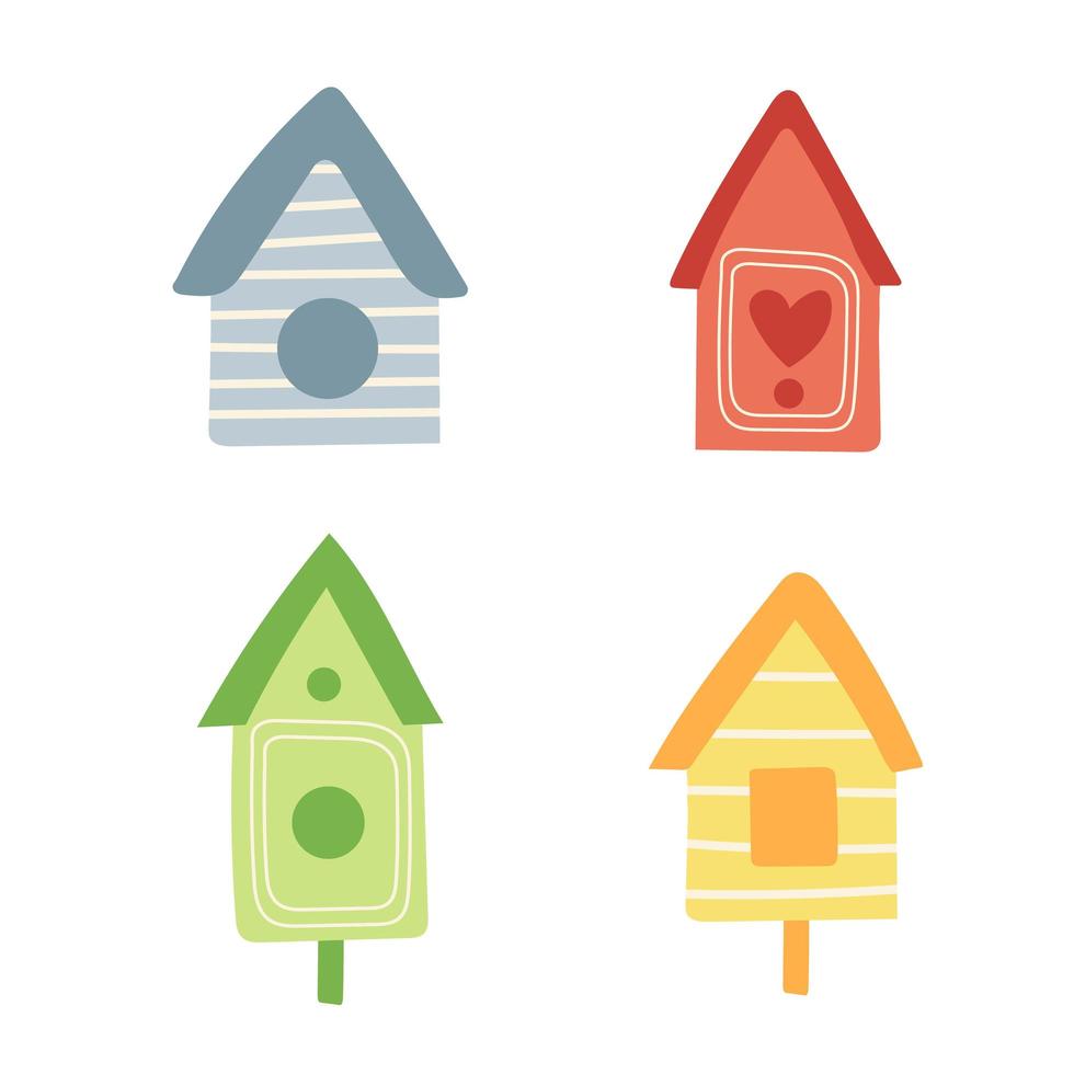 Wooden birdhouse, set of icons of house for birds. Hand drawn vector