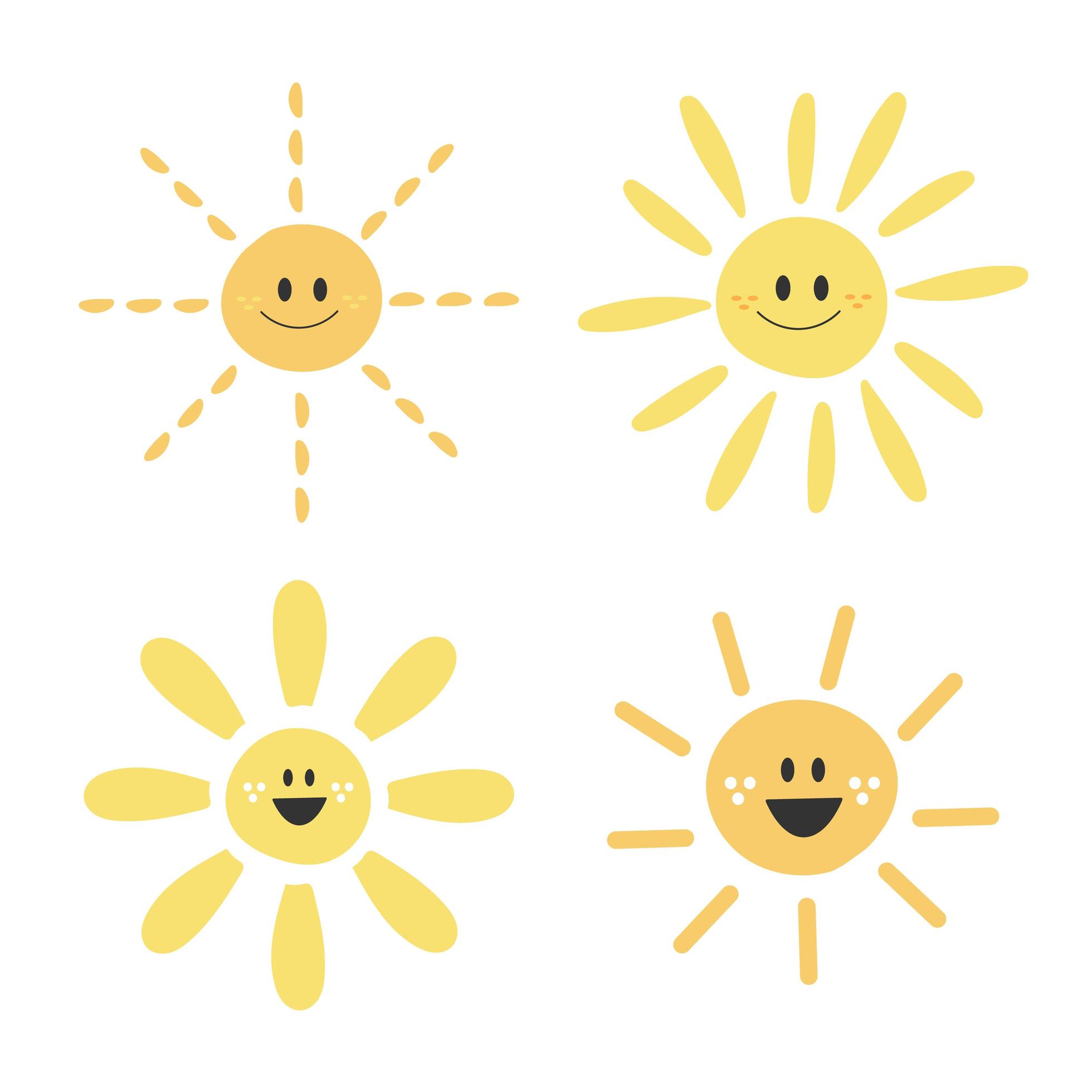 lindos personajes divertidos del sol. vector dibujado a mano sol aislado sobre fondo blanco