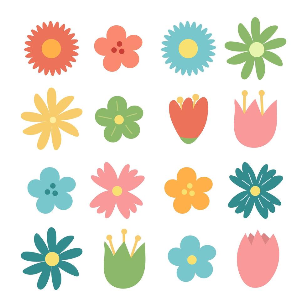 Set of hand drawn flower icons isolated on white. Cute cartoon design vector