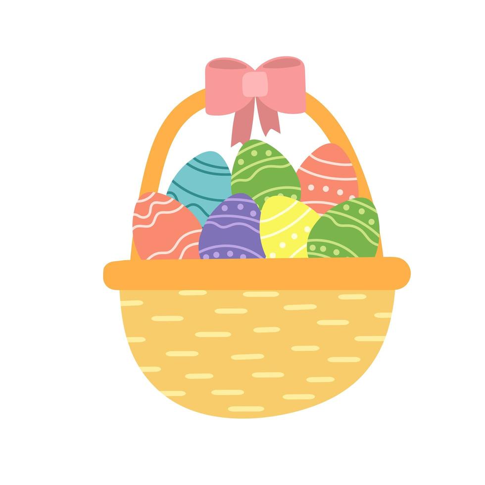 Easter colorful eggs in basket. Vector illustration. Hand drawn style