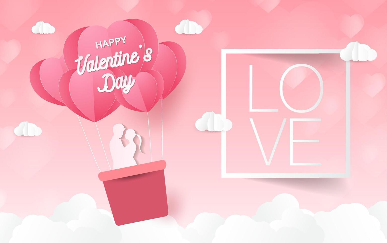 Love and Valentine day, Lovers stand and a paper art heart shape balloon floating in the sky. craft style. vector