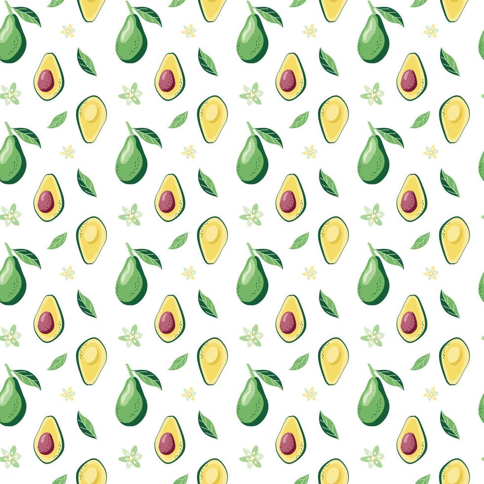 Seamless summer pattern of ripe avocados, slices and flowers vector