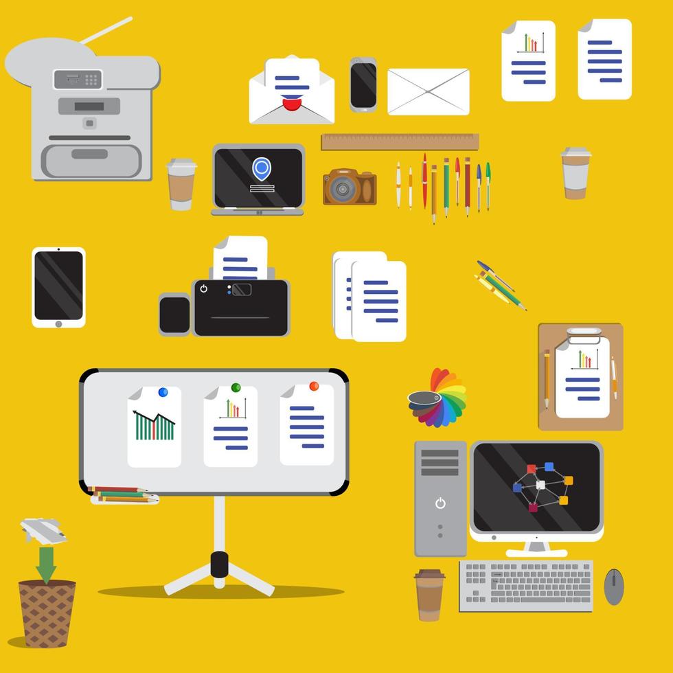 Set of vector flat design concept icons of office equipment. Computer,printer, laptop,copier,note board etc.