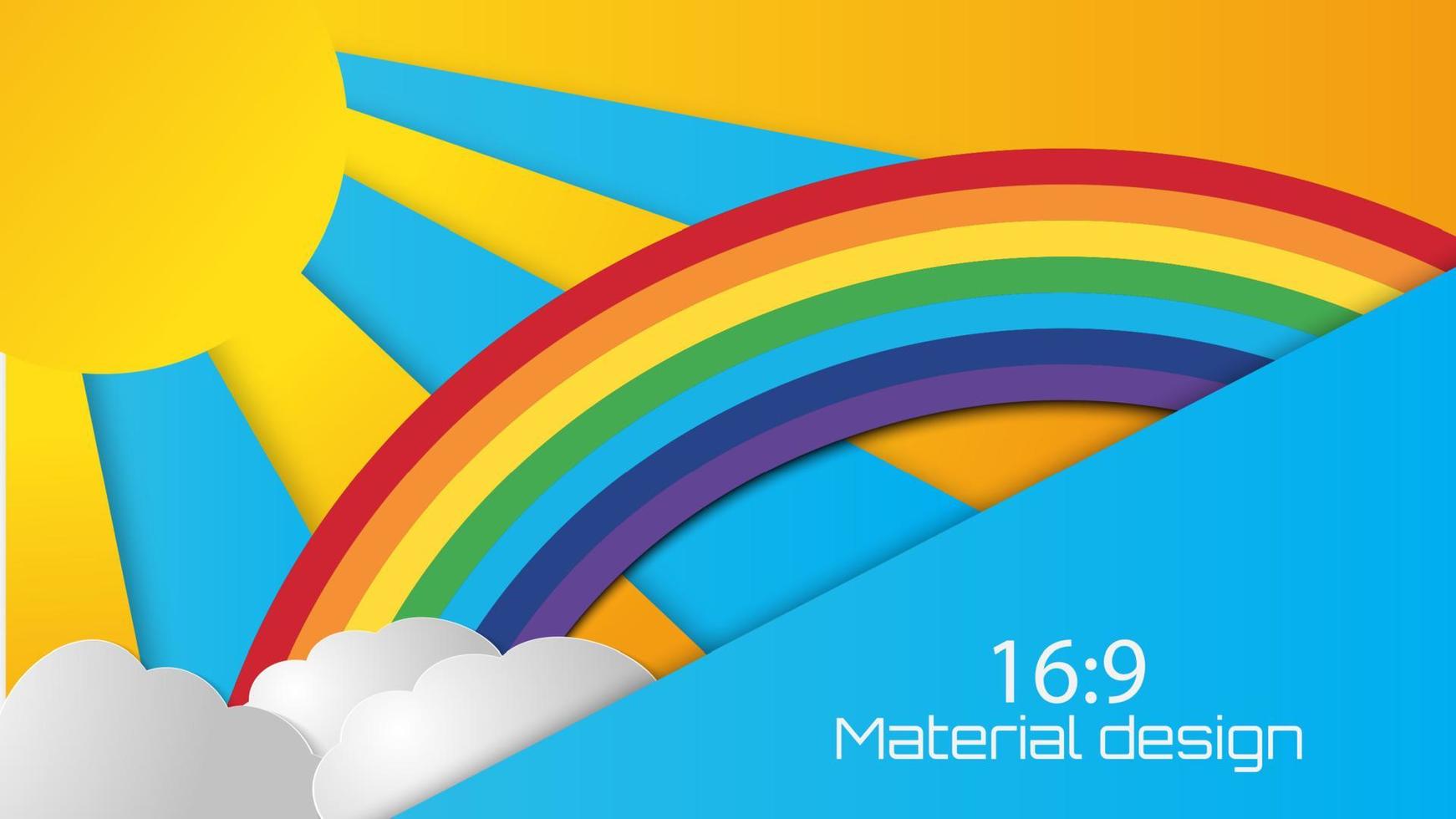 sol de verano con nubes y fondo de arco iris. estilo de corte de papel. vector