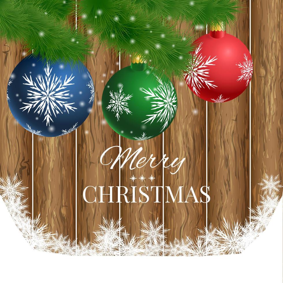 Christmas wooden background with fir branches and balls vector