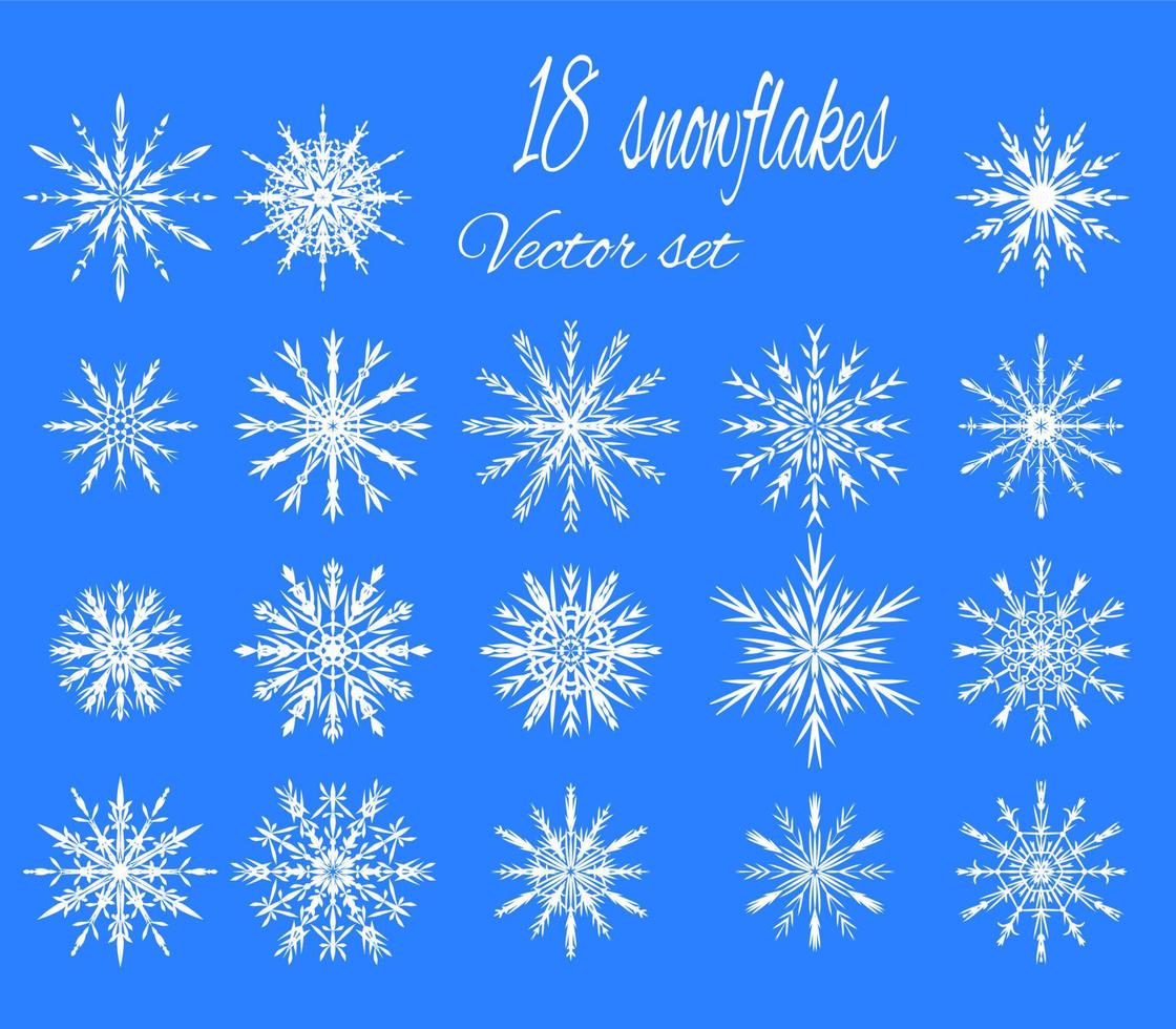 set 18 copos de nieve blancos diferentes hechos a mano vector