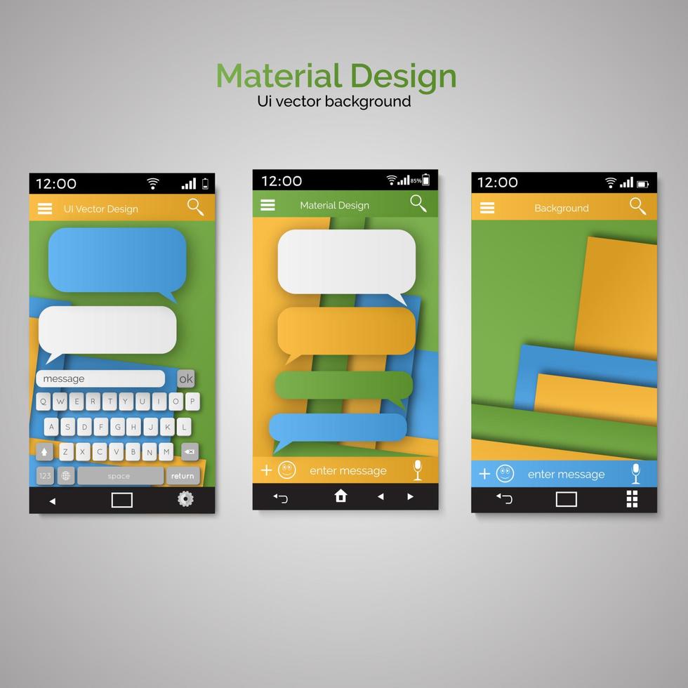 Abstract user interface templates of overlaps paper. set of ui material design background. Smartphone chatting SMS Messages speech Bubbles. Smartphone keyboard. vector