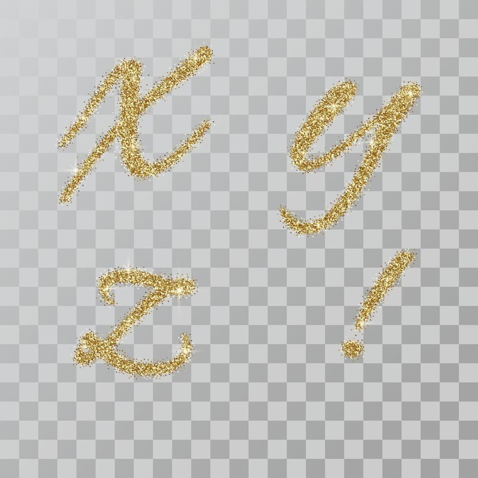 Letras de polvo de brillo dorado x,y,z en estilo pintado a mano. vector