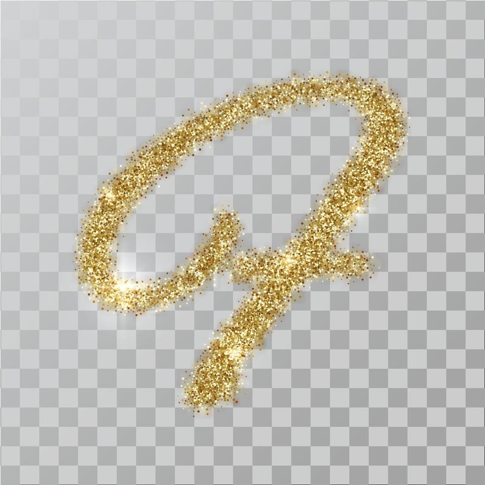 Gold glitter powder letter F in  hand painted style. vector