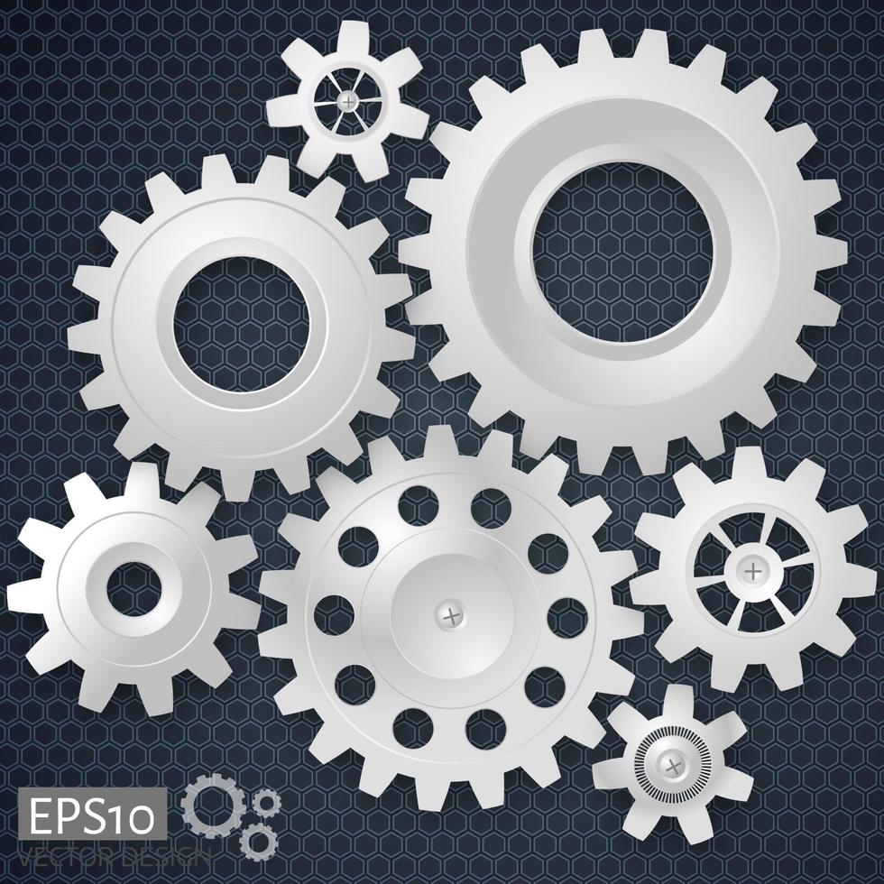 White 3d gears on the gray hexagon background vector