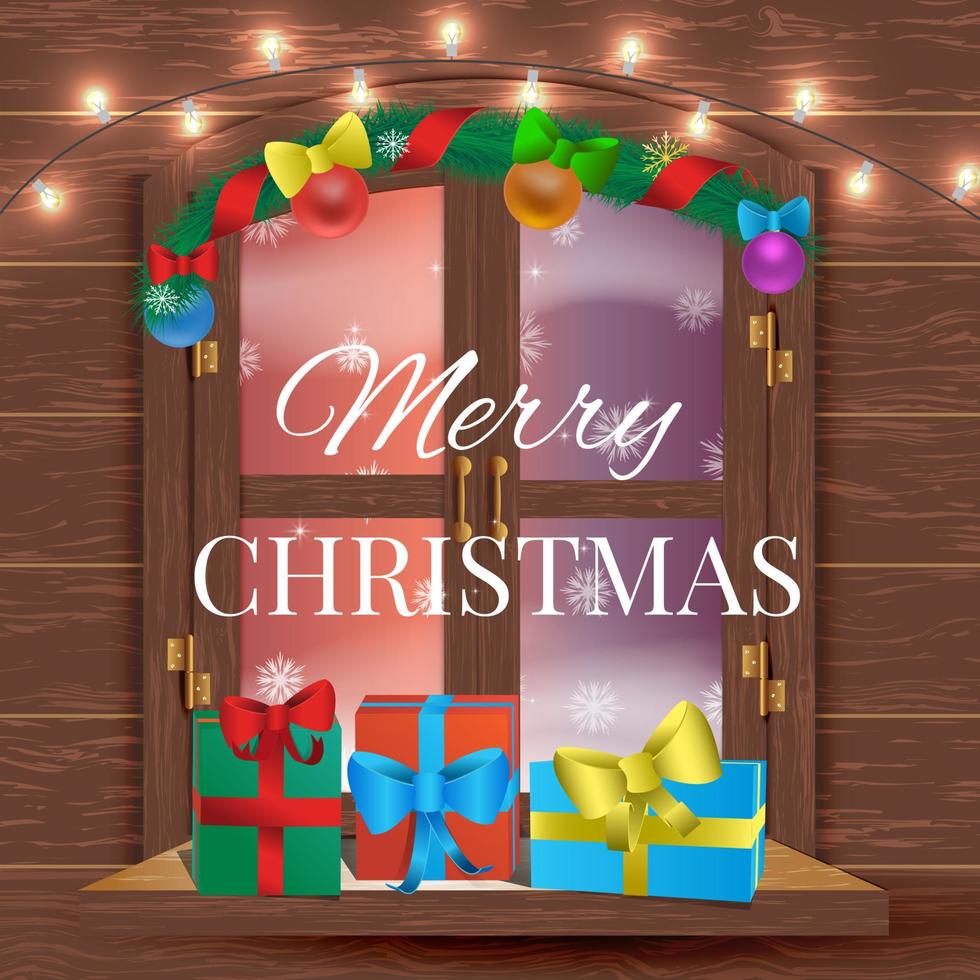 Christmas window view with a snowy landscape.   Christmas  decorations, garland, gift boxes. Merry Christmas vector