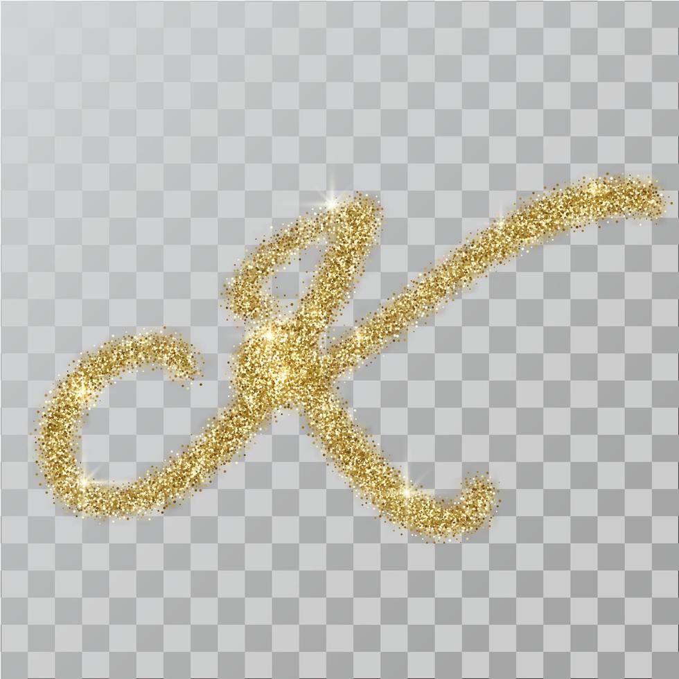 Gold glitter powder letter K in  hand painted style. vector