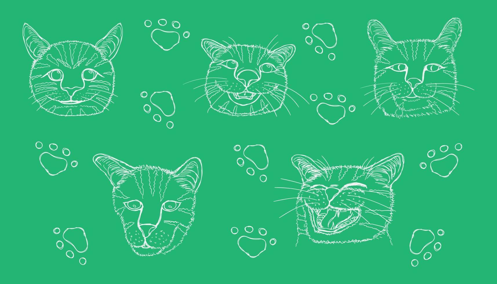 line sketch of different element cute cat head and footprint. vector illustration eps10