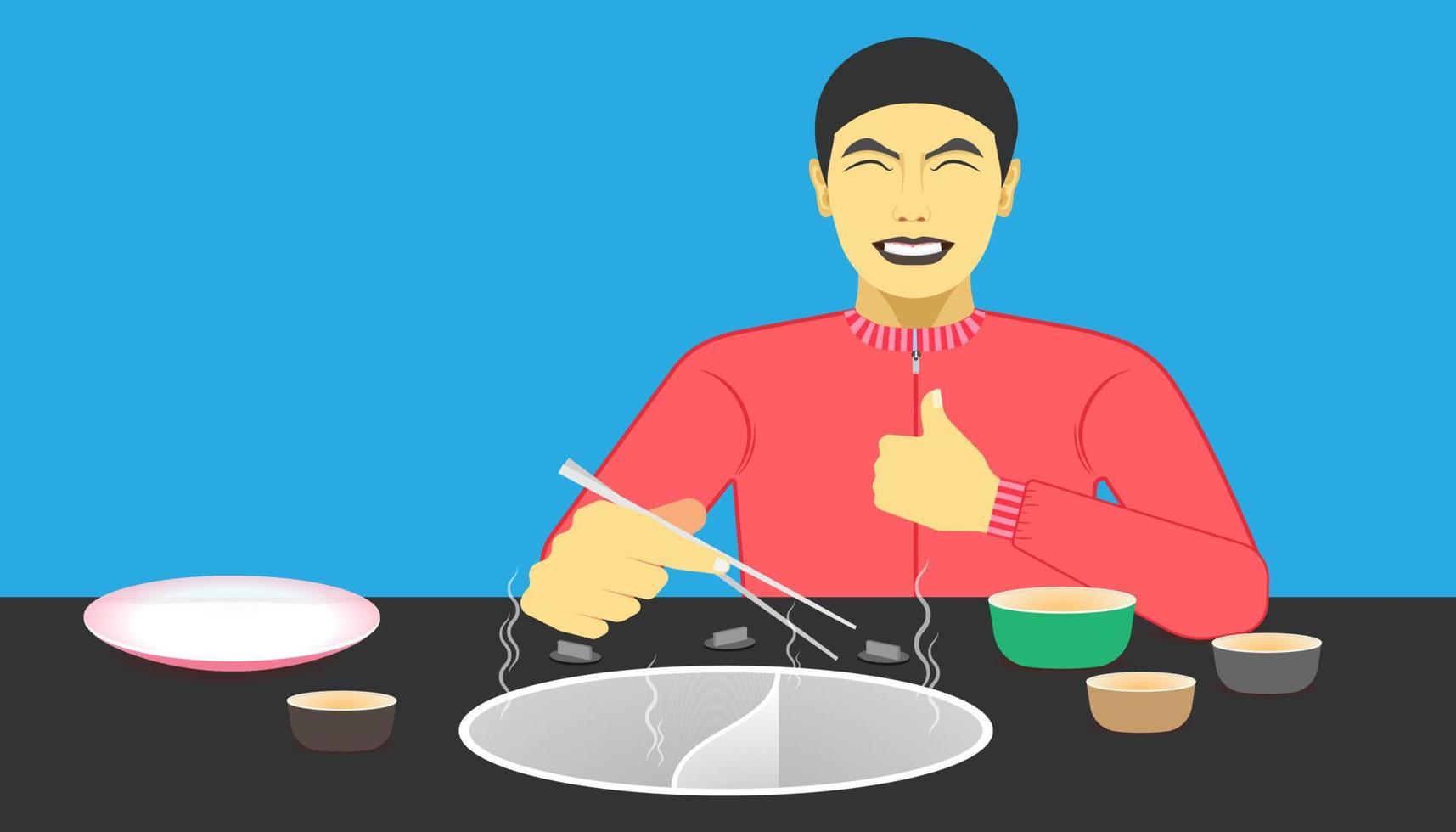 un hombre feliz mientras come la comida recomendada y actúa dando un me gusta en la mano izquierda y derecha sosteniendo los palillos. ilustración vectorial eps10 vector